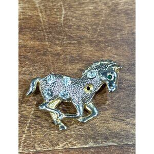 Vintage Rhinestone Horse Brooch Pin Gold & Silver Tone Metal Equestrian